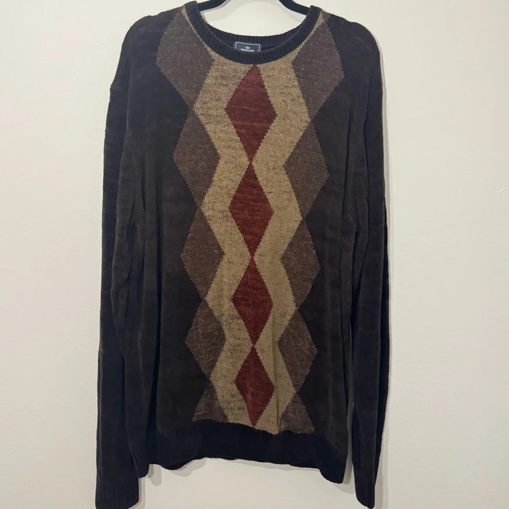 Dockers Argyle Knit Sweater – Brown & Burgundy Diamond Pattern – Men’s XLT